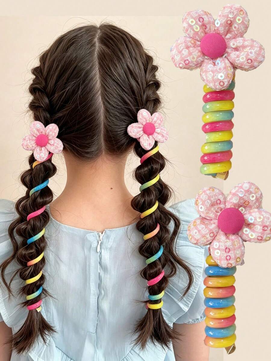 2pcs/Set Kids Spiral Ponytail Hair Ties, Colorful Hair Bands, Fashion Girls Hair Accessories - Multicolor - View 1