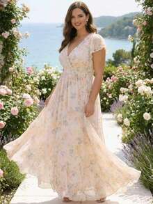 Plus Size Elegant Pink Floral Print Ruffle Trim V-Neck Flowy Sleeve High Waist Maxi Dress, Suitable For Spring/Summer Wedding Beach Vacation - Apricot - View 3