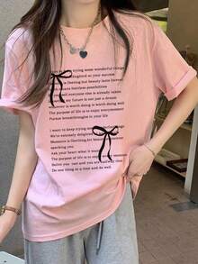 Japanese Style Women's Loose Round Neck Casual Versatile Printed Short Sleeve T-Shirt, Spring/Summer - Baby Pink - View 3