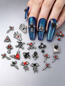 10pcs Dark Gothic Style Alloy Cross Nail Art Charms, European And American 3D Glitter Skull & Heart Nail Gem Decorations, Rhinestone Nail Accessories, Y2K Multi-Functional DIY Nail Decor, False Nail Art Supplies, Summer Nail Art Accessories - Multicolor - View 3