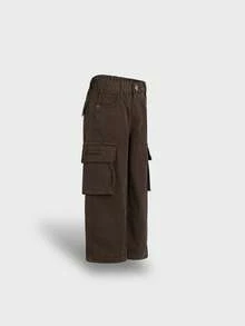 Baby Jungen 6m-3 Jahre und Unisex Vintage Weite Beine Kaffee Cargo Jeans, Ganzjährig, Modischer Stil, Vielseitig, Halbelastische Taille, Ohne Reißverschluss, Lockerer Schnitt, Waschverfahren, Workwear Denim Hose - Kaffeebraun - Übersicht 3