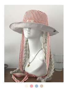 Wide Brim Striped Bucket Hat Beach Vacation Sun Hat Vintage Patchwork Contrast Color Drawstring Large Brim Bucket Hat Boho Vacay Spring Summer Sun Hat Bright Monochromatic Looks Tie-Up Sun Protection Hat Travel UV Protection - Striped Color Blocking - View 12