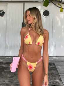 2026 Summer New, Women's Tropical Floral Print Halter Bikini Set, Cute Summer Swimwear, Casual Beachwear, Printed Design Vacation - Multicolor - View 1