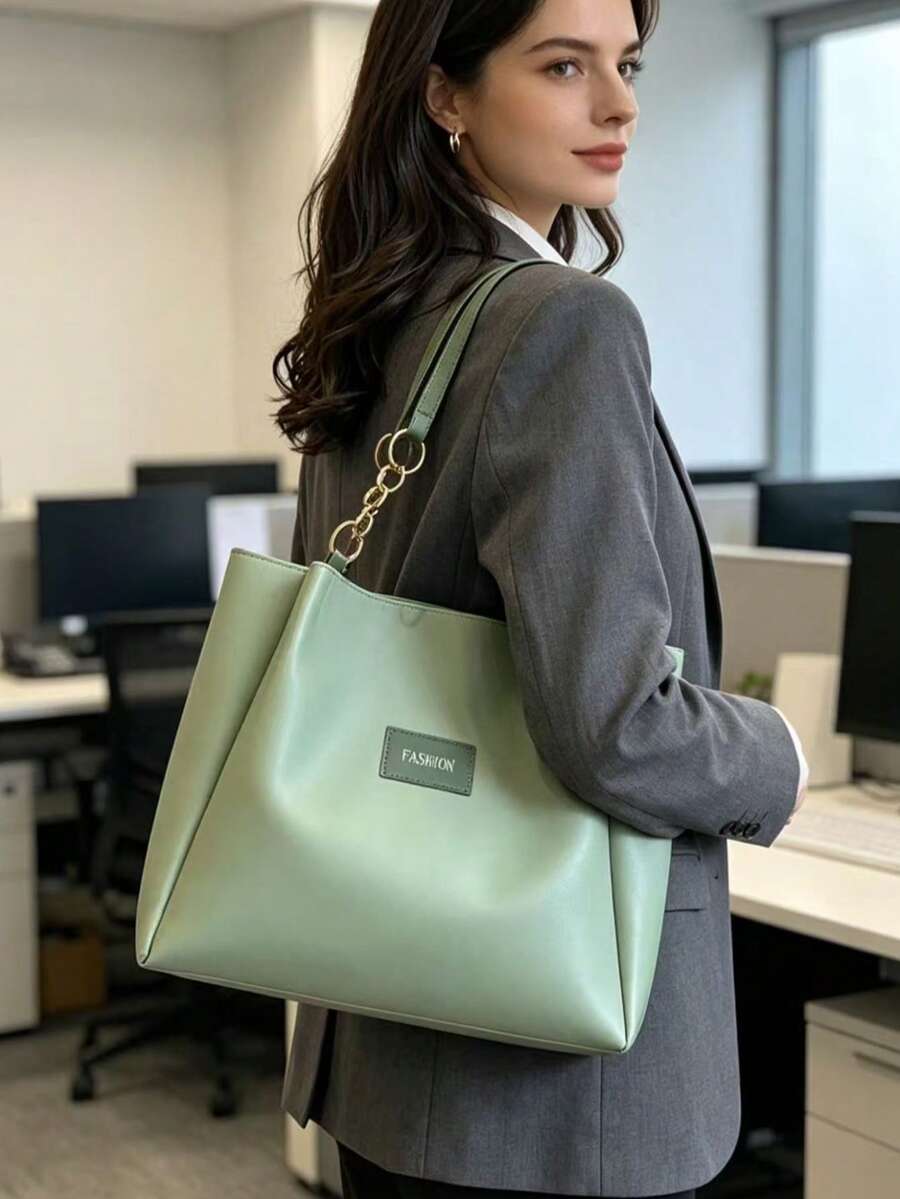 Large Capacity Chain Strap Tote Bag, Women's Minimalist PU Leather Shoulder Bag, Solid Color Commuter Work Daily Handbag - Green - View 1