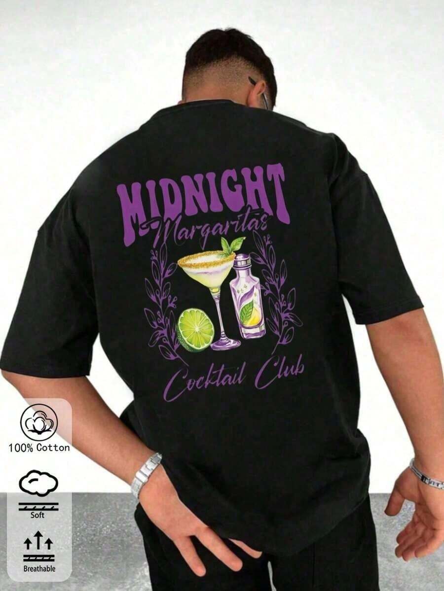 Vintage Loose Fit Men's Short Sleeve Shirt, Solid Color With Midnight Margarita And Retro Eagle Graphic, Streetwear Style, Fun, Simple Design For Everyday Use In Spring And Summer. - 黑色 - 查看 1