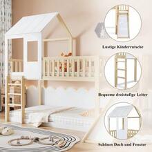 Bunk Bed With Right-Angled Ladder And Slide, House Bed With Roof And Window, With Fall Protection And Railing, Pine Frame, Natural+White (90x200cm) - Natural - 查看 6
