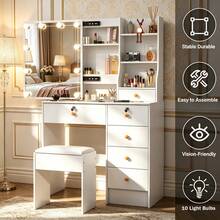Makeup Vanity Table And Stool Set With LED Sliding Mirror, Drawers, Shelves - Makeup Dressing Table With Mirror And Stool, Makeup DeskVanity Dressing Table Drawers And Stool Set Desk With LED Lights Mirror - White - View 8