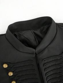 Vintage Military Style Gold Button Short Blazer, Women's Stand Collar Padded Shoulder Elegant Black Short Jacket, Fashionable Evening Outerwear - Black - View 9