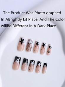 24-Piece Acrylic Manicure With Millennial Style, Rhinestones, Black And White Star Swirls, French Manicure, Removable And Reusable, Suitable For Everyday Wear, Dates, Parties, Music Festivals. A Perfect Summer Gift For Your Best Friend. False Nails. - Multicolor - View 5