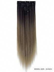 7 piezas 16 clips extensiones de cabello de fibra resistente al calor con degradado natural largo y liso en color negro para mujeres - Multicolor - Ver 3