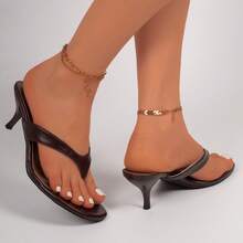 2026 Summer New Brown Toe-Post Round Toe Kitten Heel Slide Sandals Women's Mule Shoes Elegant Versatile Date Night Export Style High Heels - Brown - View 6