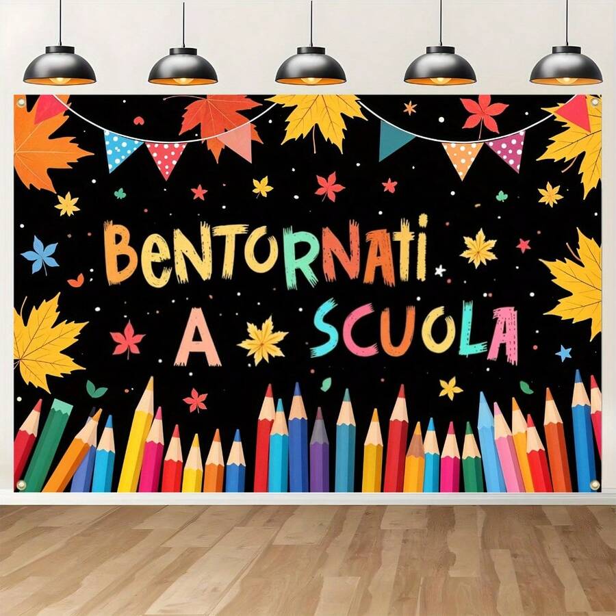 義大利返校橫幅「Bentornati A Scuola」學校派對裝飾背景布，鉛筆、彩色旗幟、楓葉裝飾，室內外庭院裝飾橫幅 - 5 - 查看 1