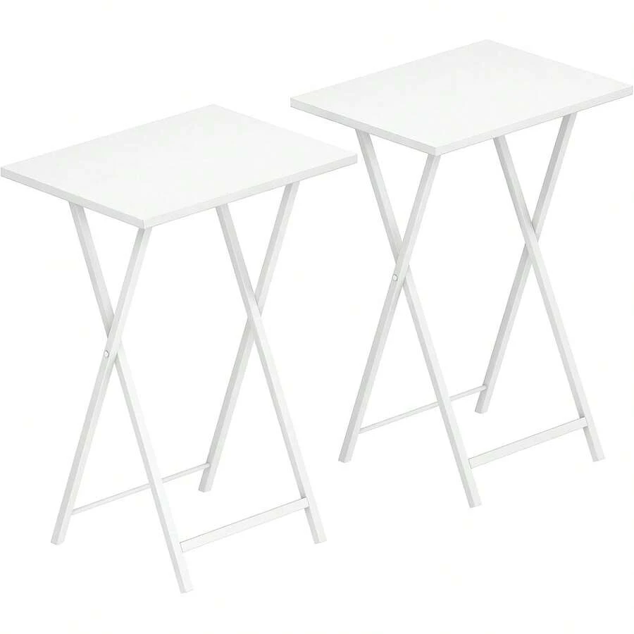 2 Set Folding Side Tables Industrial Metal Frame Rustic Brown TV Tray Table For Eating Laptop Coffee Sofa End Table Small Space Living Room - White - View 1