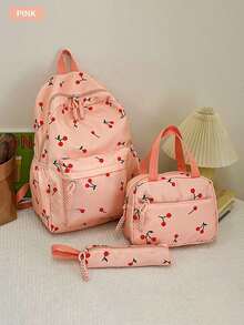 3-Piece Ins Style Backpack Set For College Students, Including Shoulder Bag, Pencil Case, Large Capacity Backpack, Versatile Casual Fashion Backpack With Decoration - Rose Gold - View 4