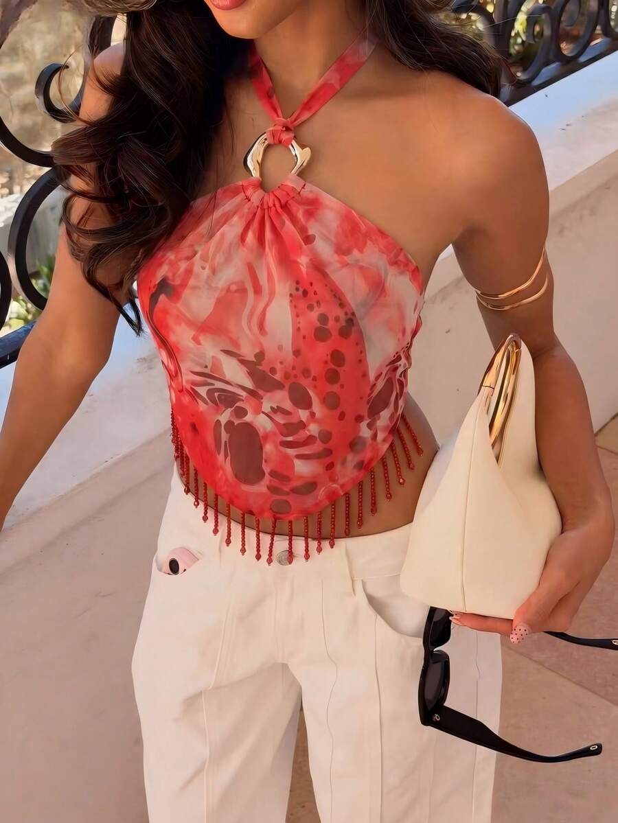 Atasan Wanita Tanpa Lengan dengan Leher Halter, Rumbai, Gesper Logam, dan Motif Cetak, Atasan Tank Tanpa Lengan Leher Halter Warna Merah untuk Musim Panas - Merah - View 1