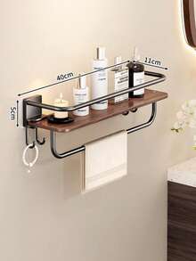1pc No-Drill Bathroom Shelf, Wall-Mounted Wood Grain Bathroom Storage Rack With Hooks And Towel Bar, Toiletry Organizer - Multicolor - View 13