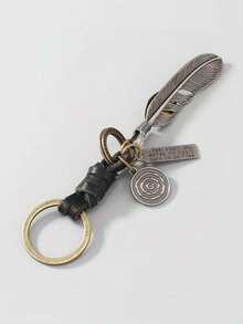 1pc Creative Turquoise Alloy Feather Pendant, Vintage Keychain, Bag Accessory, Small Gift - Black - View 3