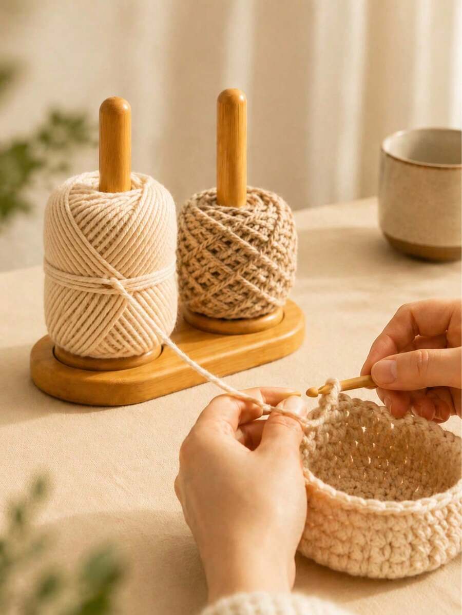 1 Piece - Wooden Magnetic Wool Yarn Skein Stand For Crocheting And Knitting, Winding Tool, Wool Winding Machine, Rotary Yarn Processing Machine, Bamboo Spool Holder, Spool Storage Rack, DIY Embroidery Yarn Storage Stand - B - View 1