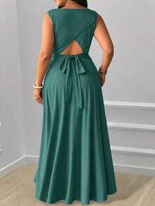 Plus Size Women's Elegant Solid Color Round Neck Tie Back Waist Cinched Pleated Maxi Dress - Stretchable Machine Washable Maxi Dress Set, Suitable For Spring, Summer, Autumn, Casual To Semi-Formal Occasions, Solid Color Backless Wedding Guest Dress - Mint Blue - View 2