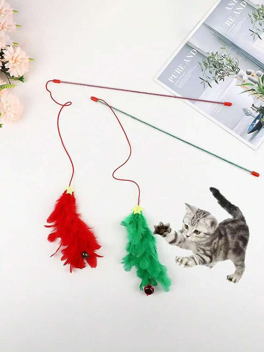 Cat Toy Red & Green Christmas Tree Teaser Wand With Bell, Interactive Pet Toy With Colorful Feathers, Indoor Cat Exercise Toy, No Battery Required, Suitable For All Seasons, Pet Supplies, Cat Entertainment Product, Universal For All Stages - View 1