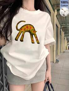Women's Fashion Casual Loose Fit Cartoon Cat Print Short SleeveT-Shirt, Versatile For Summer White - White - View 3