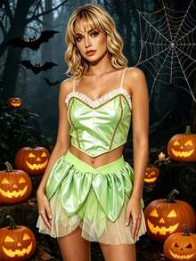 Womens Fairy Princess Costume, Ruffle-Trimmed Bustier Tops And Mesh Skort 2 Pcs Set, Halloween Costumes - Army Green - View 6