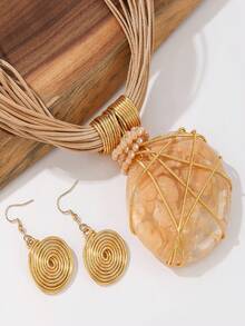 1Set Boho Amber Jewelry Set, Multi-Strand Brown Rope Collar Necklace & Gold Spiral Earrings For Women, Multi Colors, Party Vacation Accessory - Coffee Brown - View 6