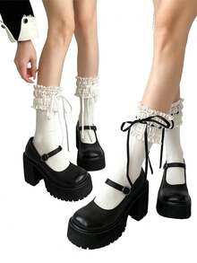 1/2 Paar Damen-Socken im japanischen Stil mit süßem Spitzenbesatz, einfarbige Slouch-Socken mit Schleife, mittelhoch, geeignet für Frühling, Sommer, Herbst, Winter, Dating, Reisen - Weiss - Übersicht 9