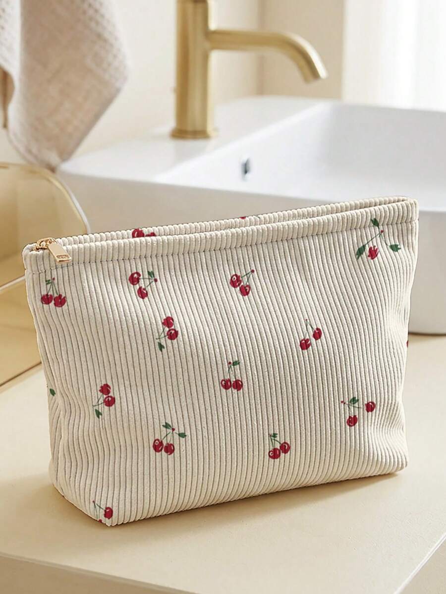 1pc Cherry Blossom Floral Unicorn Print Corduroy Zipper Makeup Bag Toiletry Bag, Large Capacity Lined Storage Bag, Suitable For Travel, School And Girls Daily Use - Multicolor - View 1