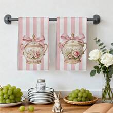 2pcs Striped Afternoon Tea Enamel Jar Pattern Kitchen Towels, Rectangular Microfiber Kitchen Towels, Dishcloths, Scouring Pads, Hand Towels, Cooking Baking Tea Towels, Kitchen Decor, Housewarming Gifts, Birthday Gifts, Bathroom Cleaning Wipes, Decorative Towels - Multicolor - View 8