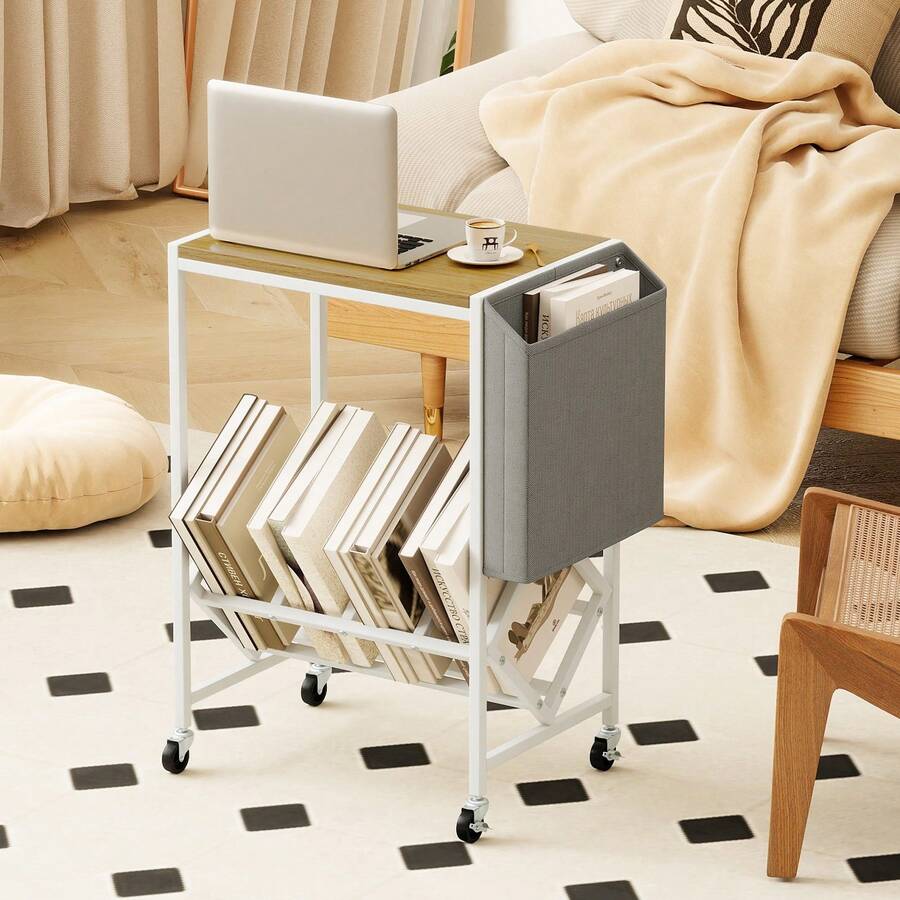 Rolling Record Player Stand Mobile Vinyl Display Shelf Turntable Stand With Magazine Holder Bag - Khaki - View 1