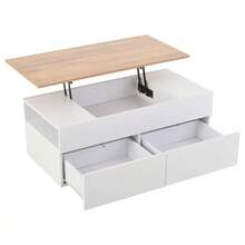 Coffee Table 100 X 50 X 40 Cm, Height-Adjustable Coffee Table With Concealed Storage, Living Room Table With 2 Drawers, Side Table With Semi-Open Storage, White And Wood Bedside Table. - White - View 9