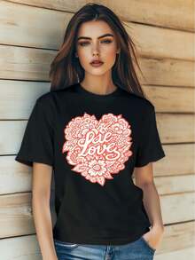 Women's Love Cartoon Doodle Heart Flowers Print T-Shirt , Short Sleeve, Round-Neck, Slim Fit Streetr For Valentine's Day Tee For Adult, Men, Women, Teen, Teenager, Adolescent, Youth - Black - View 1