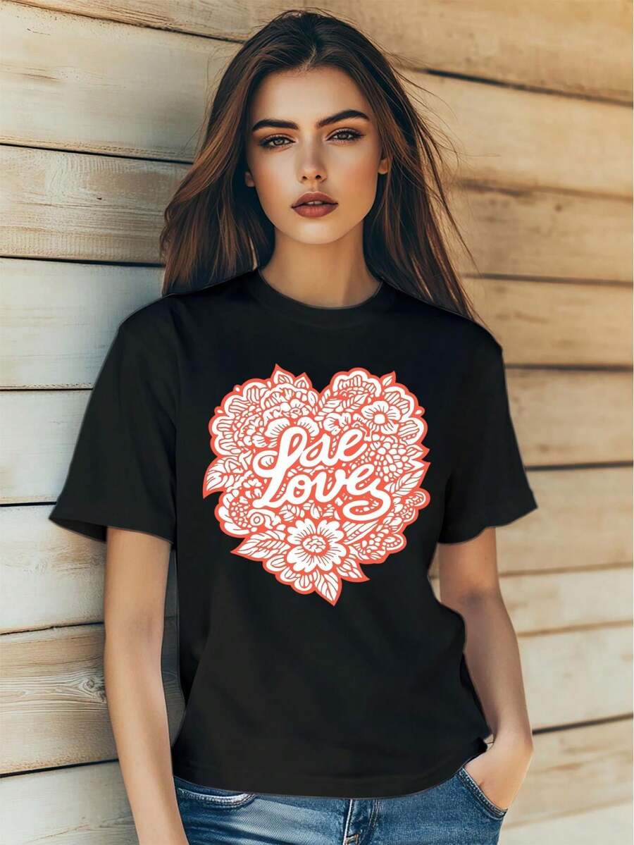 Women's Love Cartoon Doodle Heart Flowers Print T-Shirt , Short Sleeve, Round-Neck, Slim Fit Streetr For Valentine's Day Tee For Adult, Men, Women, Teen, Teenager, Adolescent, Youth - Black - View 1