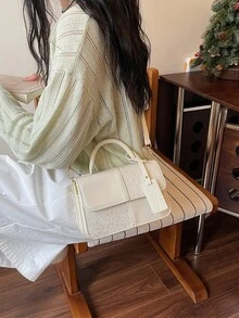 女款方形手提包，雙色格紋拼接設計，時尚優雅簡約，白色斜背包 - 白色 - 查看 6
