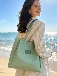 Large Capacity Chain Strap Tote Bag, Women's Minimalist PU Leather Shoulder Bag, Solid Color Commuter Work Daily Handbag - Green - View 3