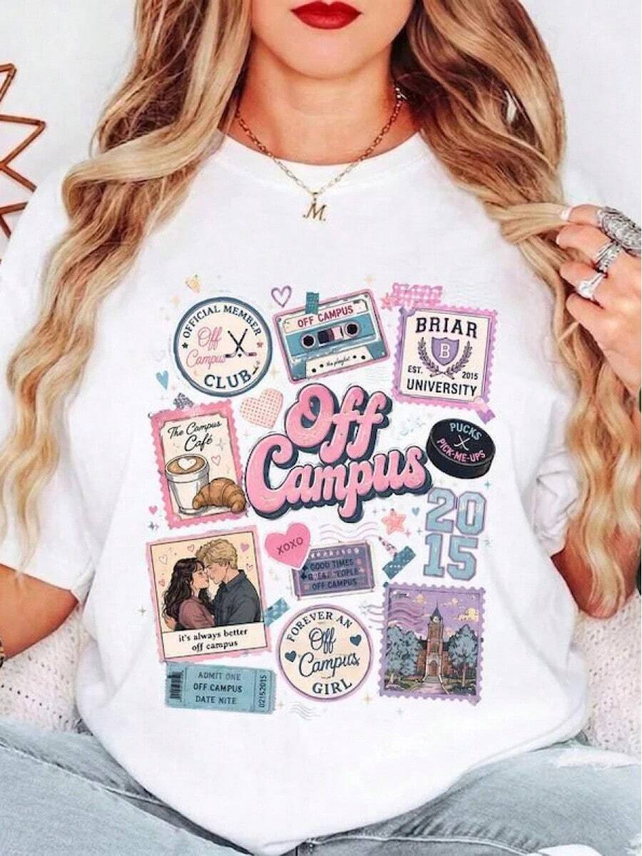 Off-Campus Hockey Stamp Pattern T-Shirt, Available In Comfortable Colors; Blair University T-Shirt; Hockey Romance Series; Graham No. 44 Gift For Book - White - View 1