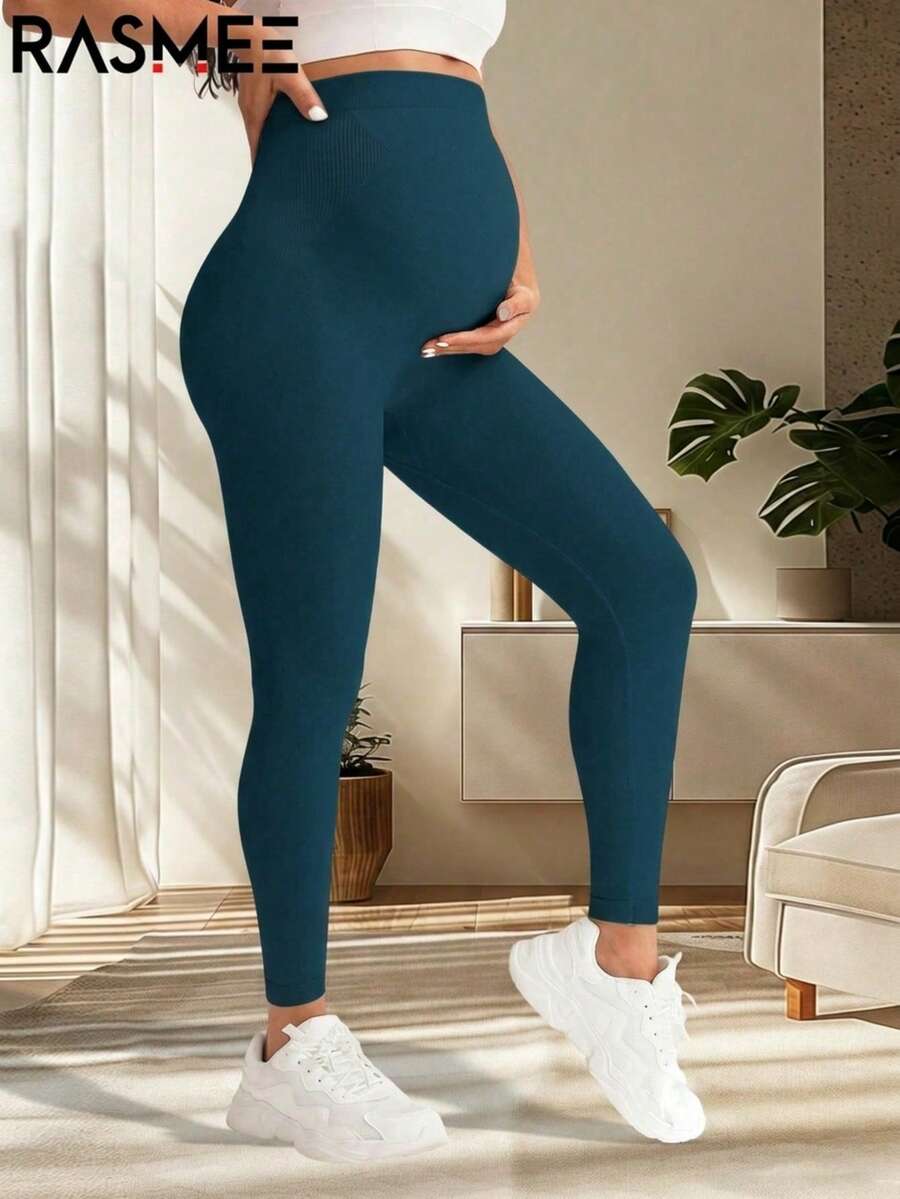 孕婦無縫高腰彈力素色內搭褲，適合日常休閒穿著 - 綠色 - 查看 1