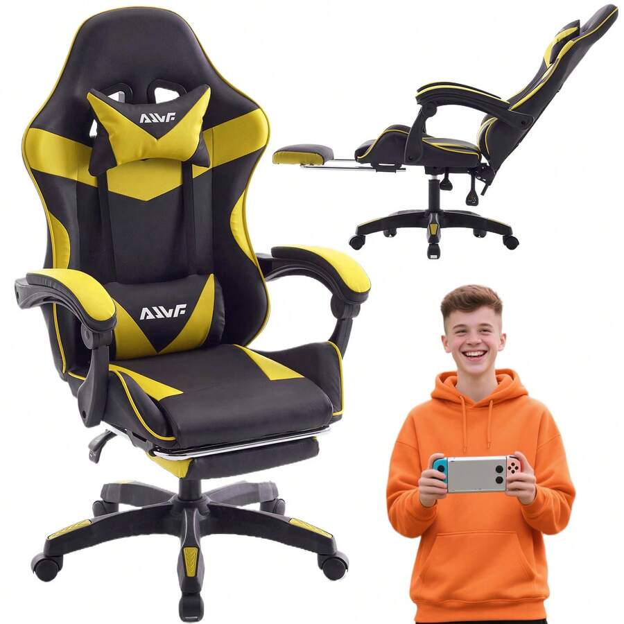 Kursi Gaming Profesional dengan Sandaran Kaki – Kursi Kantor Putar dengan Dukungan Pinggang, Roda, dan Fungsi Meja – Cocok untuk Kantor Rumah dan Bermain Game PC - Kuning - View 1