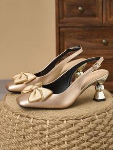 WHDXY French Luxury Champagne Bow Backless Slingback Pumps With Asymmetric Mid Heel, Suitable For Commuting And Dating - Rose Gold - View 2