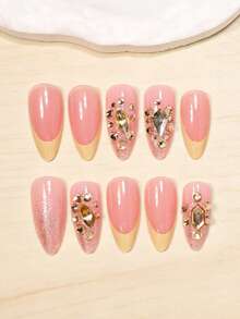 24pcs Almond Shaped Nail Stickers Cute Yellow French 3D Gold Rhinestone Diamond Hexagon Rhinestone Nails Fashion Silver Glitter Gradient Pale Yellow French Gold Starfish Full Coverage Fake Nails Pointed With 1pc Jelly Glue And 1pc Mini Nail File, Jelly Glue Randomly Shipped - Yellow - View 2