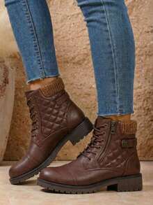 Women's Lace Up Combat Ankle Boots – Comfortable Short Booties With Low Heel - CJY927-干邑白蘭地 - 查看 2