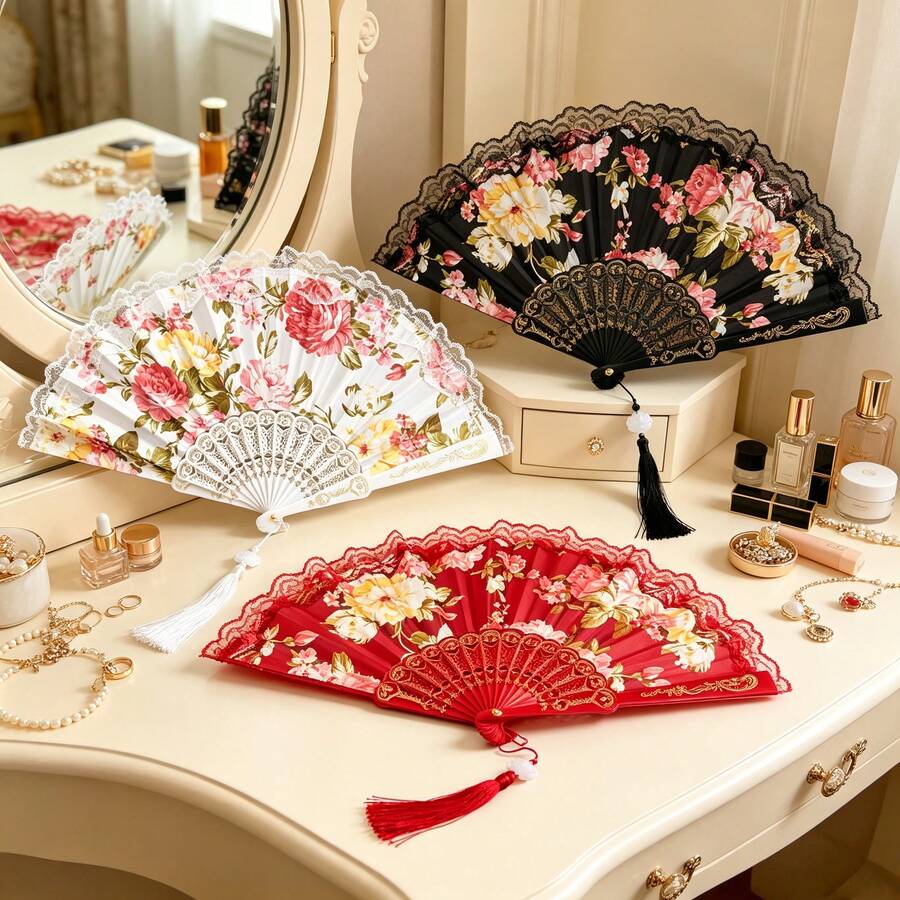 1件花卉印花蕾絲摺疊手扇附流蘇，復古優雅風格，便攜式夏季涼爽、婚禮、派對、Cosplay與旗袍配件