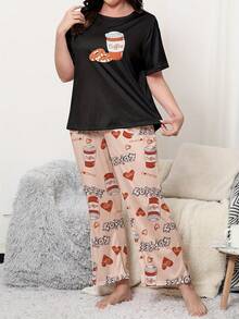 Plus Size Casual Comfortable Cartoon Print Short Sleeve & Long Pants Women's Loungewear 2 Pieces Set Pajamas - Black - View 3