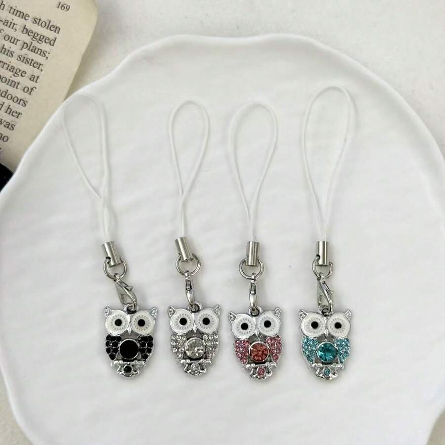 4 piezas Cadena de teléfono con colgante de búho de strass colorido, amuleto de teléfono, accesorio de teléfono lindo, decoración colgante de bolsa de teléfono suave y adorable