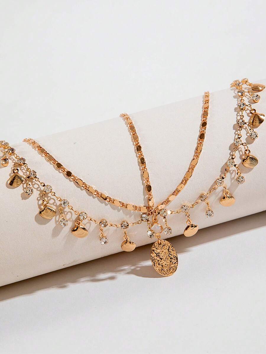 1pc Alloy Shell Tassel Rhinestone Hair Chain, Girls Party Gift Hair Accessory, Hand-Cut Chain, Custom Size, Random Shell & Rhinestone Quantity - Gold - View 1