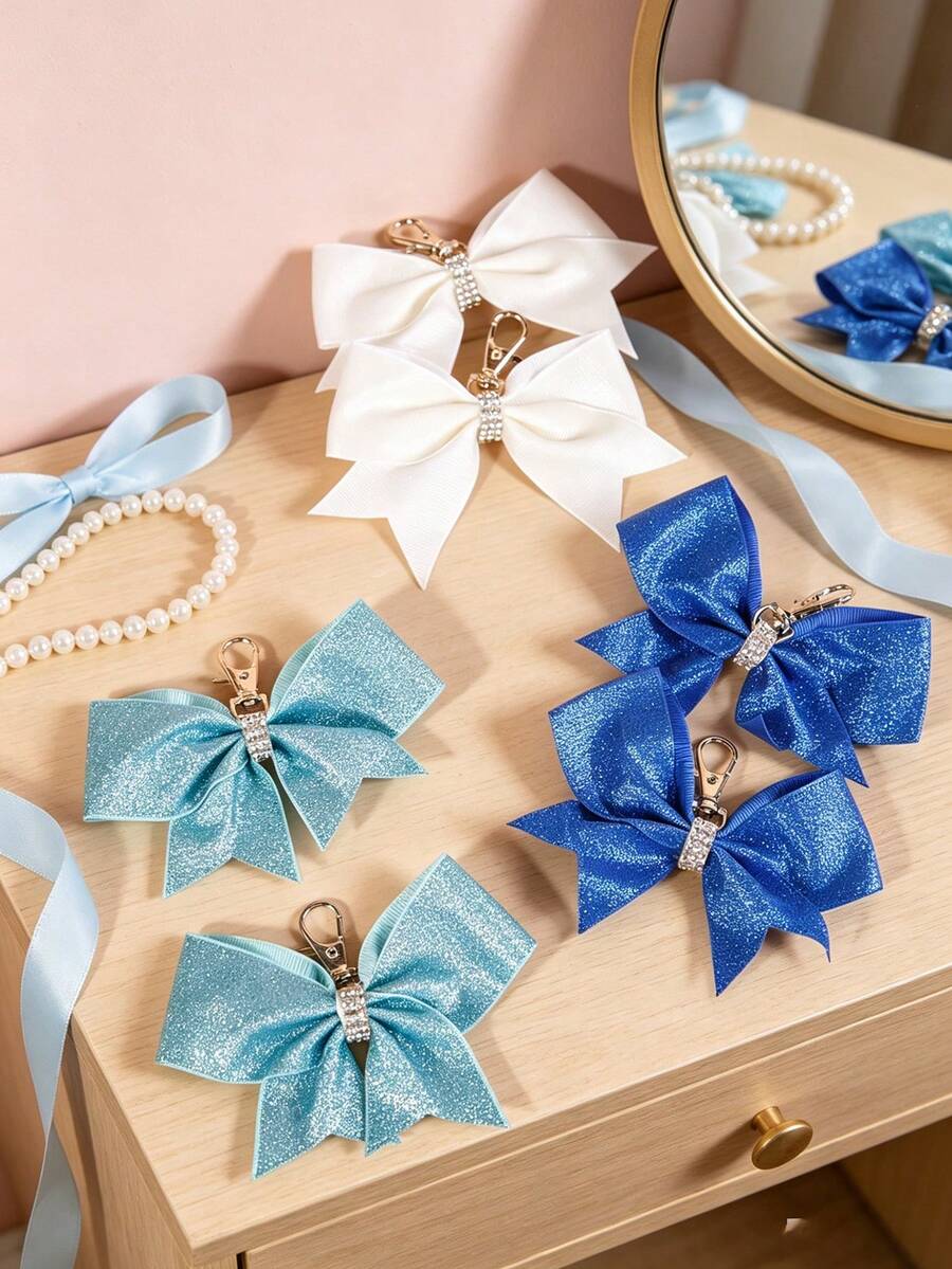 6pcs New Fashion Shiny Leather Bow Keychain Pendant Personalized Rhinestone Best Friend Bag Charm Gift Hair Styling Tool Kit - Multicolor - View 1