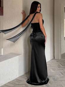 Elegantes ärmelloses langes Kleid aus Strickstoff mit trägerlosem Ausschnitt und elegantem plissiertem Rock für formelle Anlässe, Hochzeiten, Schwarz, Herbst - Schwarz - Übersicht 4
