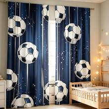 2pcs Navy Blue & White Football Printed Curtains, High-Definition Digital Printing, Rod Pocket Installation, 100% Polyester, 90g/Sq.M, Suitable For All Seasons, Light Filtering, Privacy Protection, Anti-UV Decorative Curtains - Multicolor - View 3