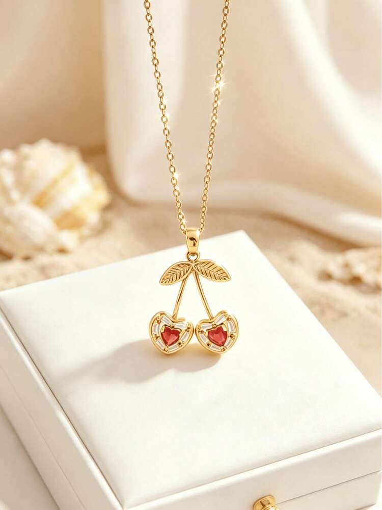 1 Set Stainless Steel Chain Zirconia Cherry Pendant Fashion Necklace & Earrings Jewelry, Gift Accessory - Pink Cherry - View 2
